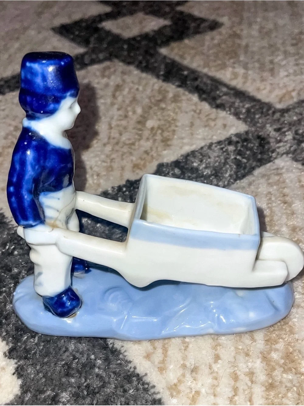 Vintage Blue and White Porcelain Fisherman Wheelbarrow Figurine